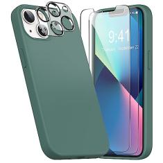 YATWIN Capa de silicone líquido para iPhone 13 com 2 protetores de tela + 2 protetores de lente de câmera, capa fina e macia à prova de choque para iPhone 13 - verde pinho