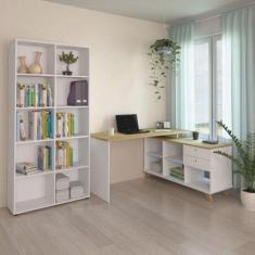 Conjunto Home Office 2 Peças 1 Escrivaninha em L e 1 Estante 10 Nichos Retrô Artany Olmo/branco