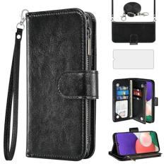 Asuwish Capa de celular para Samsung Galaxy A22 5G carteira celular com protetor de tela de vidro temperado alça transversal flip zíper suporte para cartão de crédito TPU slot suporte A 22 22A A22s G5