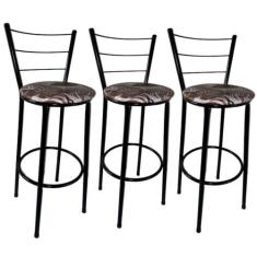 Kit 3 Banquetas Altas Preta com Encosto Assento Floral Marrom - Fortmi