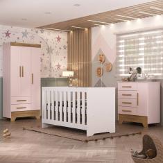 Quarto de Bebê com Guarda Roupa 3 Porta 2 Gavetas Cômoda 4 Gavetas 1 Porta e Berço 3 em 1 Catavento Maya Rodial