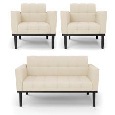 Sofá Namoradeira e 2 Poltronas Base de Madeira Preto Elisa Linho Bege A19 D03 - D'Rossi