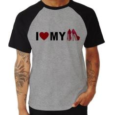 Camiseta Raglan I Love My Shoes - Foca na Moda, Cinza, Preto, M