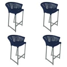 Kit 4 Banquetas Reis em Corda Náutica e Base em Alumínio Cinza para Área Gourmet  Azul Marinho