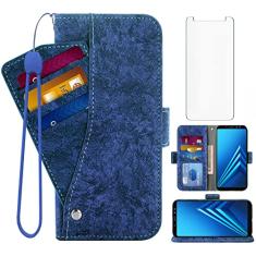 Asuwish Capa carteira compatível com Samsung Galaxy A8 Plus 2018, protetor de tela de vidro temperado, suporte magnético, suporte magnético, capa de telefone de couro para Glaxay A8+, Gaxaly A8plus,