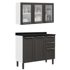 Conjunto Cozinha Balcão Com Armário Aéreo Portas De Vidro Itatiaia Aço