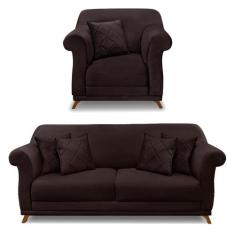 Kit Poltrona e Sofá Living 2 Lugares 1,80m Vênus Suede Pés Castanho - 