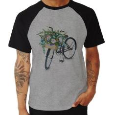 Camiseta Raglan Bicicleta Cesto de Flores - Foca na Moda, Cinza, Preto