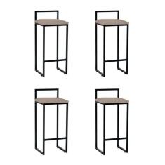 Kit 4 Banquetas Altas Industriais em Aço Dori Preto Assento Suede Bege