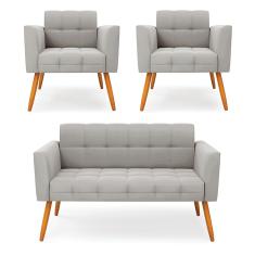 Kit 1 Sofá Namoradeira e 2 Poltronas Elisa Veludo Cinza Pés Palito Castanho D03 - D'Rossi