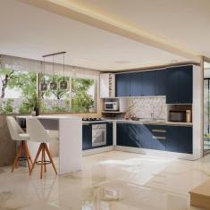 Cozinha de Canto Modulada Celeste Kappesberg 100% MDF Branco/Azul