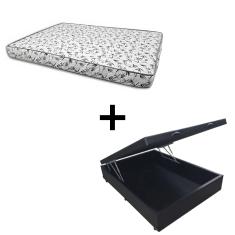 Cama Box Baú Casal 138 - Tecido Sintético Preto Com Colchão Nápoles Bello Box - 100% Espuma - Branco D33 55x138x188