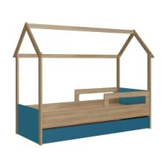 Cama Infantil Montessoriana Casinha com Auxiliar Completa Móveis Marrom e Azul