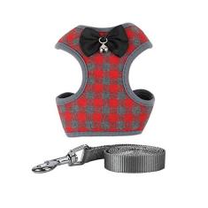 Conjunto de coleira e coleira para cães, malha macia, sem puxar, colete com sino de gravata borboleta para cães pequenos, filhotes e gatos, treinamento ao ar livre e corrida, padrão xadrez clássico