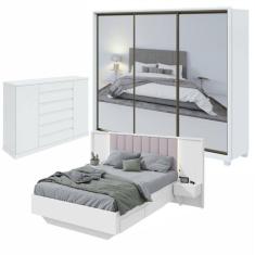Quarto com Guarda-Roupa com 3 Espelhos 3 Portas 6 Gavetas, Cômoda 2 Portas 7 Gavetas e Cama Solaris Branco