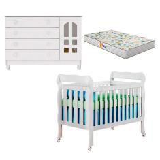 Berço Americano Lila e Cômoda Gran Selena Branco Brilho com Colchão Gazin – Carolina