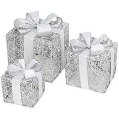 Conjunto de 3 caixas de presente LED iluminadas de Natal decorativas com caixas de luz quente conjunto de pacotes com enfeites e laço de ferro moldura interna decoração de Natal ao ar livre,