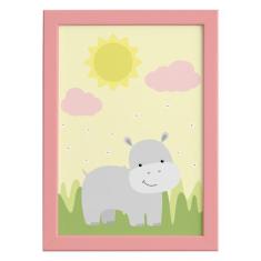 Quadro Safari Menina Hipopótamo Moldura Rosa 22x32cm - Quartinhos