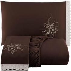 Lencol Casal Queen Size 3Pçs Bordado com Lese - Ravi Enxovais, marrom