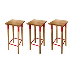 Kit 3 Banquetas Bistro Industrial Colors Ferro e Madeira Maciça - Vermelha