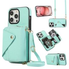Capa de couro com cordão crossbody para iPhone 15 Pro Max 13 12 11 14 Plus XR XS 7 8 SE 2022 Cartões Solt Carteira Bolsa Capa de bolso, Verde DF08, para iPhone 7P 8Plus