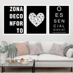 Kit 3 Quadros Decorativos Zona de Conforto - Coração 45x34cm - Quadros