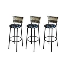 Jogo 3 Banqueta Alta Para Cozinha Ratan Cappuccino Premium Preta Estof