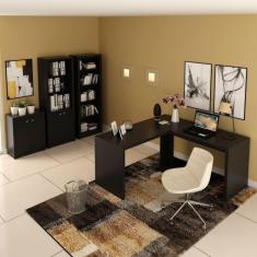 Conjunto Home Office 4 peças com 1 Escrivaninha em L, 2 Estantes e 1 Balcão Espresso Móveis Preto