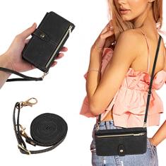 UEEBAI Capa tipo carteira transversal para iPhone 13/iPhone 14 de 6,1 polegadas, 9 compartimentos para cartões, ajustável, capa tiracolo com zíper, alça removível, capa flip com alça de mão - preta