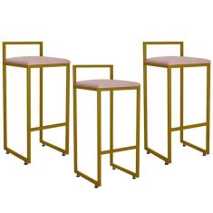 Kit 03 Banquetas Altas Hanna Dourado Suede Rosê