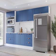 Cozinha Completa 4 Peças Torre Quente Aéreo 3 Portas Balcão 2 Gavetas 3 Portas e Basculante Branco/Azul