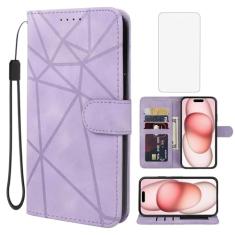 Wanyuexes Capa para iPhone 15 de 6,1 polegadas, capa carteira para Apple 15 com protetor de tela de vidro temperado, toque de pele PU, flip fólio, suporte para cartão de crédito, suporte para iPhone