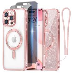 Meifigno Capa projetada para iPhone 16 Pro de 6,3 polegadas, [cartão de glitter e alça de pulso] [compatível com MagSafe] [2x protetores de tela de privacidade] Proteção total para lente projetada