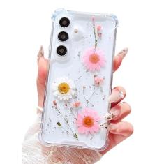 Lewrtser Capa compatível com Samsung Galaxy S24 fofa prensada seca flores reais design feminino à prova de choque com glitter floral transparente capa de telefone S24 (flor rosa)