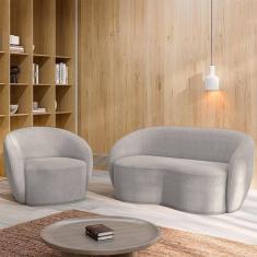 Conjunto 1 Sofá Living 160cm E 1 Poltrona íbis Encosto Fixo Bouclê Cinza G33 - Gran Belo