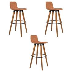 Kit 3 Banquetas Altas Luxo Versatil Aço Preto Linho Terracota Base Car