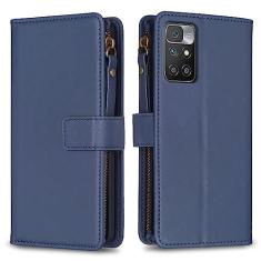 Capa com alça de pulso para Xiaomi Redmi 10, 9 compartimentos para cartão, 1 carteira de couro com zíper, função de suporte, fecho magnético, capa para celular compatível com Redmi 10 4G 6,5 polegadas