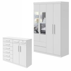 Conjunto de Guarda-roupa Solteiro com Espelho 4 Portas 2 Gavetas Zeuse Cômoda Toronto Branco