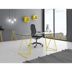 Escrivaninha de Vidro Bela Vista Cavalete Base Ferro Amarelo - NEW GRE