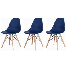 Kit 3 Cadeiras Charles Eames Eiffel Azul Bic Base Madeira Sala Cozinha Jantar