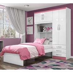 Guarda Roupa Infantil com Cama 4 Portas 3 Gavetas Lisboa Espresso Móveis Branco/Pink