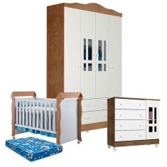 Quarto de Bebê Ariel 4 Portas com Berço Mirelle Branco Acetinado Amadeirado e Colchão – Carolina