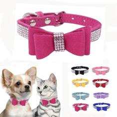 Coleira para cães com strass, diamante macio extravagante com laço para animais de estimação, cristal brilhante ajustável para meninas cães/gatos