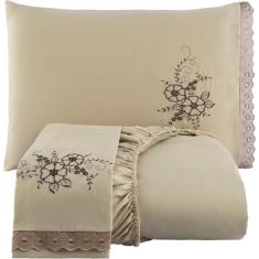 Lencol Casal Queen Size 3Pçs Bordado com Lese - Ravi Enxovais, bege