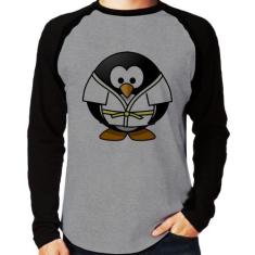 Camiseta Raglan Pinguim Judô Manga Longa - Foca na Moda, Cinza, Preto,