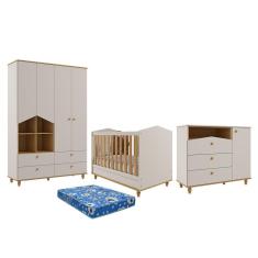 Dormitório Casinha Guarda Roupa, Cômoda 1 Porta e Berço Mimo com Colchão Physical - Permóbili Baby