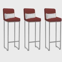 Kit 03 Banqueta Alta com Encosto Lucca Industrial Cozinha Balcão Ferro Cinza Sintético Vermelho e Almofada Branco - Ahazzo Móveis