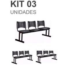 Kit 03 Cadeiras Longarinas PLÁSTICAS 03 Lugares – Cor PRETA – 23019