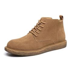 Sapatos masculinos casuais de couro genuíno de cano alto - Calçado de camurça retrô britânico com sola plana de grão de madeira, Amarelo, 38