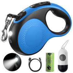 Coleira retrátil para cães com luz LED, coleira recarregável Douexio de 5 metros para cães pequenos e médios até 30 kg, livre de emaranhamento de 360°, controle de um botão, gancho de alta resistência